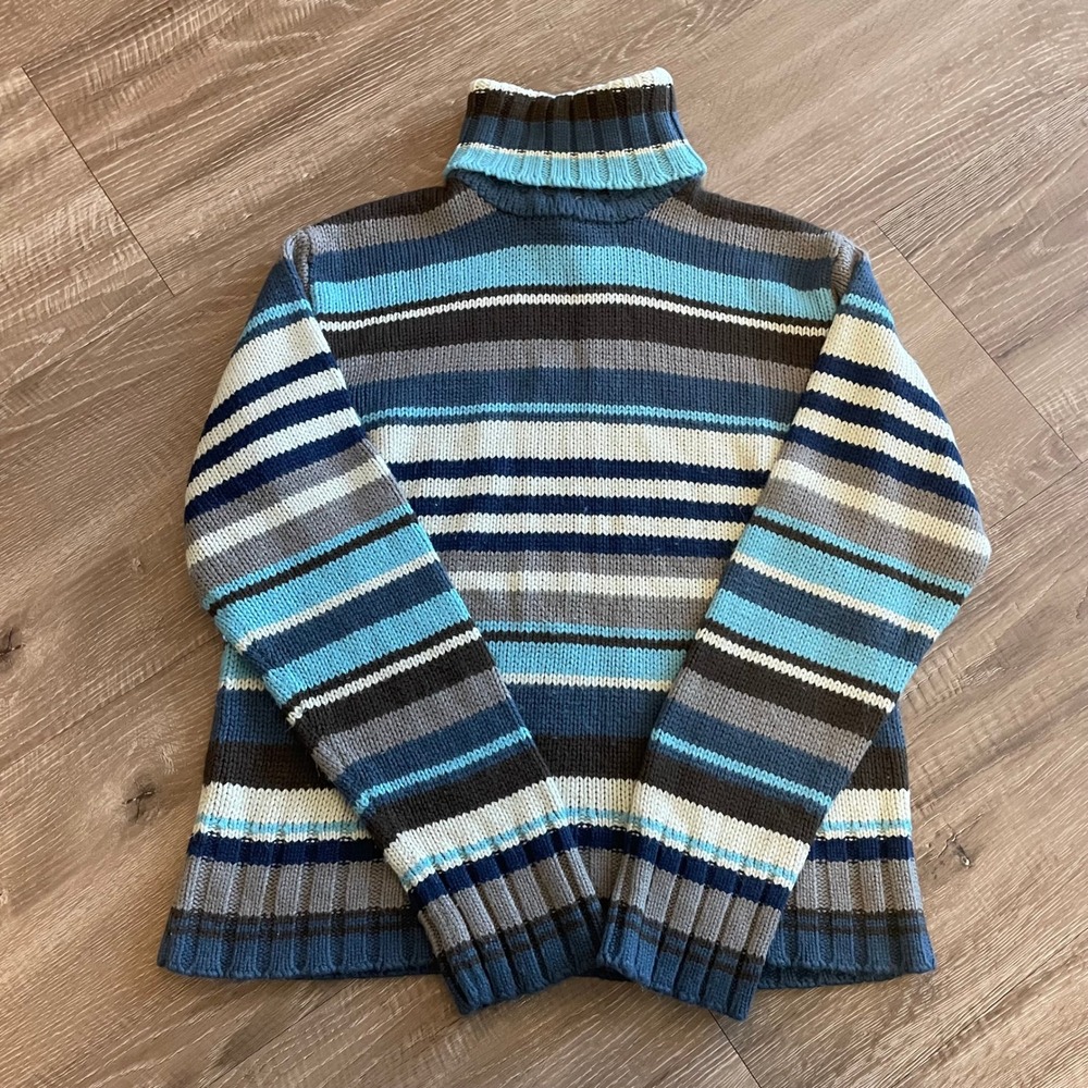 Caren Sport Womens Turtleneck Sweater 2X Blue Striped Acrylic Knit Pullover